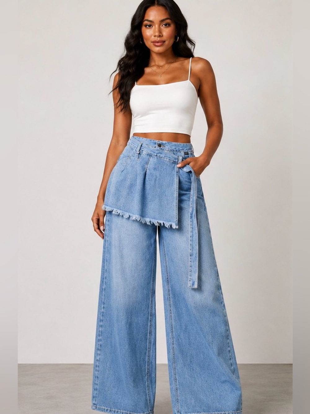 Cello Wide Leg Light Wash Denim Jeans with Wrap Detail S/3